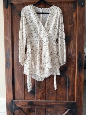 Women's Cream Wrap Romper with Black Dot Print